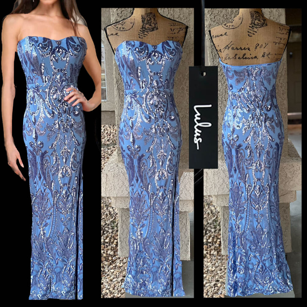 Lulus Blue Sequins Strapless Mermaid Maxi Dress Size M NEW